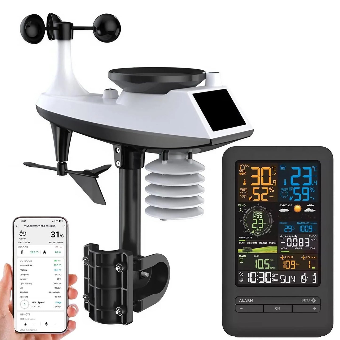 Smart Weather Station Monitor Temperature Humidity Wind Speed Rainfall UV TVOC Auto Timer Calendar