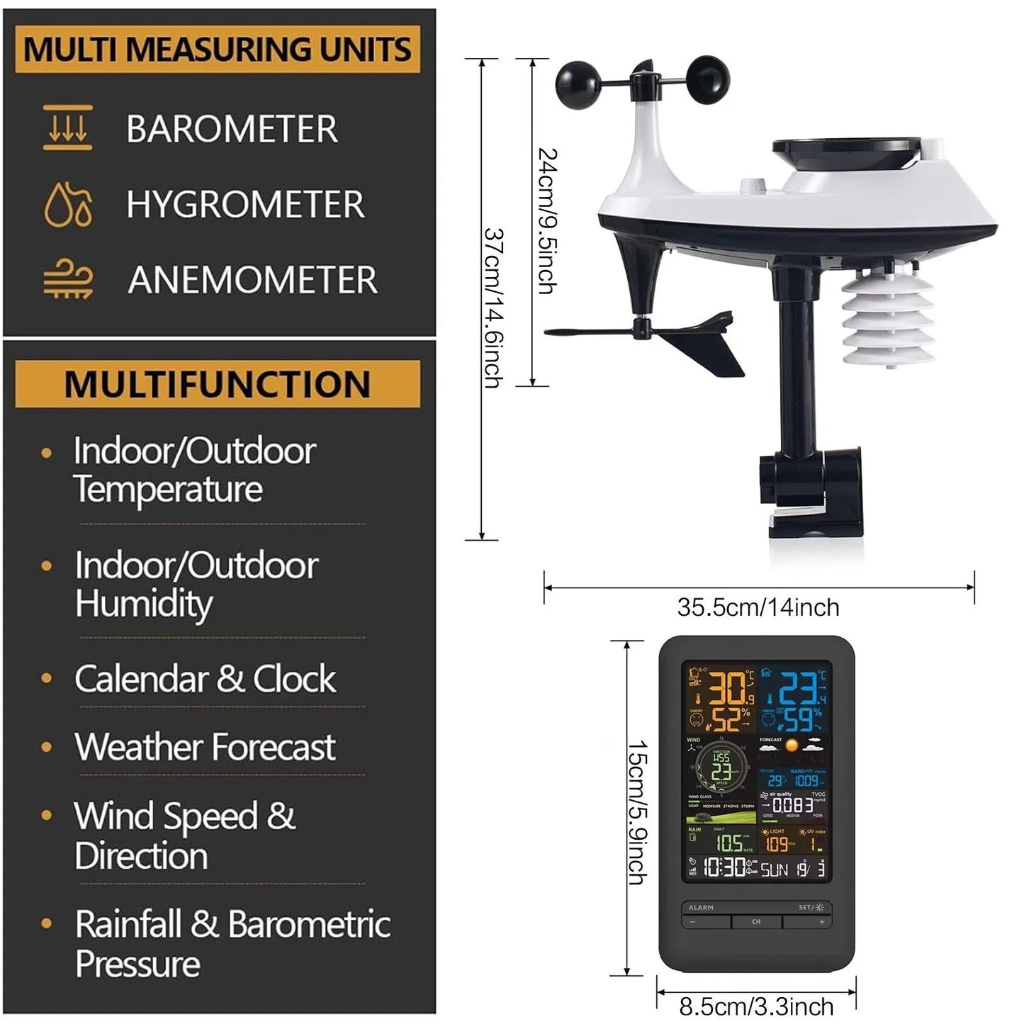 Smart Weather Station Monitor Temperature Humidity Wind Speed Rainfall UV TVOC Auto Timer Calendar